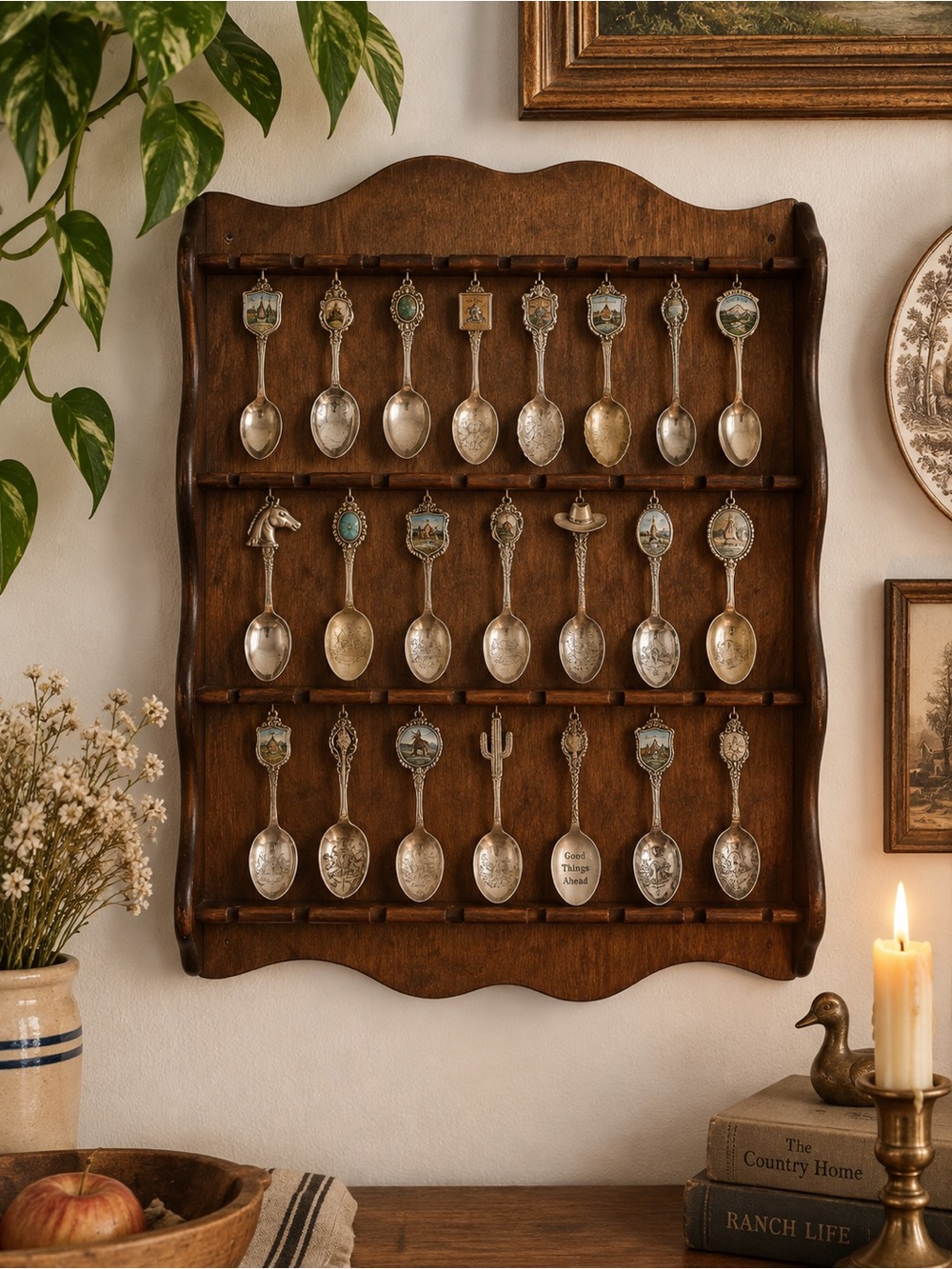 Vintage Brown Wood Spoon Display Rack